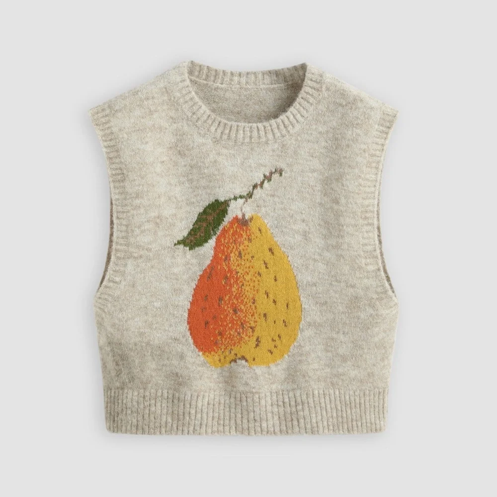 KNIT WOOL-BLEND ROUND NECKLINE PEAR GRAPHIC VEST Women's Small - Picture 5 of 11